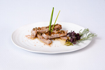 A plate of meat on a white background