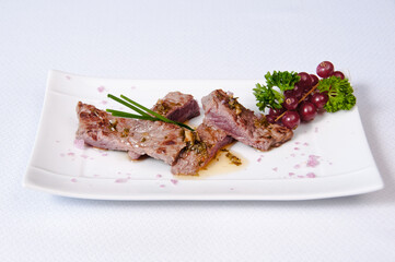 A plate of meat on a white background