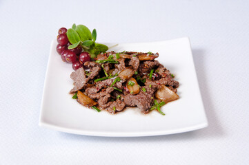 A plate of meat on a white background