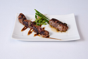 A plate of meat on white a background