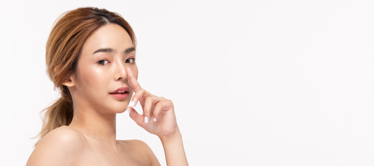 Beauty asian women  touching nose  skin care healthy and skin.