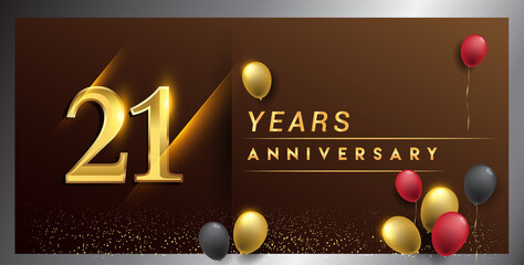 21st years anniversary celebration logotype. anniversary logo with golden color, balloon and confetti isolated on elegant background, vector design for celebration, invitation card, and greeting card