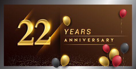 22nd years anniversary celebration logotype. anniversary logo with golden color, balloon and confetti isolated on elegant background, vector design for celebration, invitation card, and greeting card
