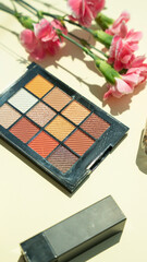 Top view. Flat lay. Natural cosmetic and brush product on pastel background.