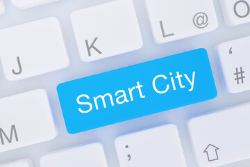 Smart City Programm. Computer Tastatur von oben zeigt Taste mit Wort hervorgehoben. Software, Internet, Programm