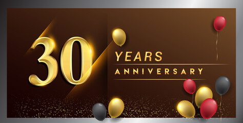 30th years anniversary celebration logotype. anniversary logo with golden color, balloon and confetti isolated on elegant background, vector design for celebration, invitation card, and greeting card