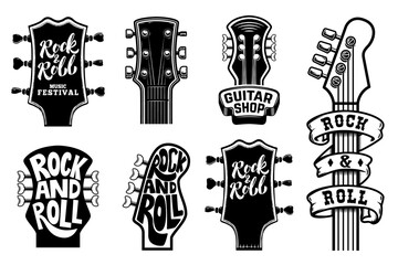 Set of rock and roll guitars necks heads with lettering. Design element for logo, emblem, card,banner, t-shirt. Vector illustration - obrazy, fototapety, plakaty
