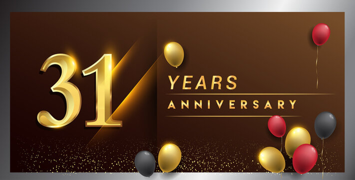 31st years anniversary celebration logotype. anniversary logo with golden color, balloon and confetti isolated on elegant background, vector design for celebration, invitation card, and greeting card