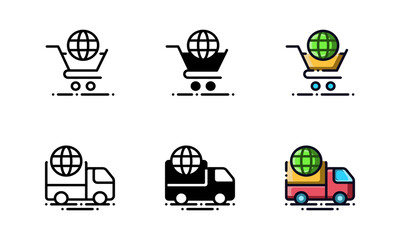 Online sales and global shipping icons. With outline, glyph, and filled outline style