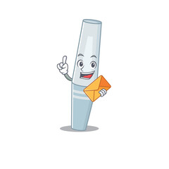 A picture of cheerful mascara caricature design concept having an envelope