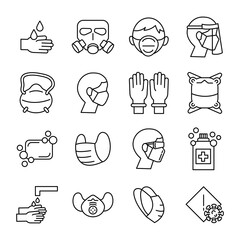bundle of medical mask and covid19 set icons