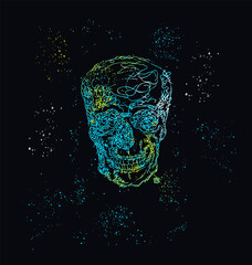 human skull in the dark. Vector illustration of skull in colorful strokes and splashes of paint.
