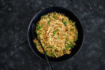 plant-based food, vegan satay rice with peas
