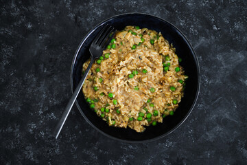 plant-based food, vegan satay rice with peas