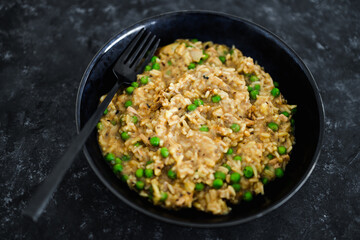 plant-based food, vegan satay rice with peas