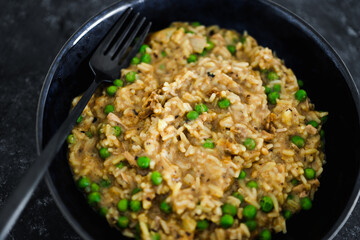 plant-based food, vegan satay rice with peas