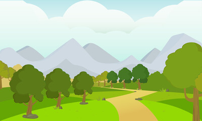 Vector nature landscape background with forest ,road and mountains.
