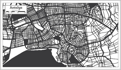 Antalya Turkey City Map in Black and White Color in Retro Style. Outline Map.