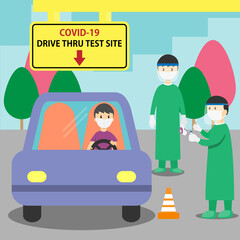 A man driving to Covid-19 Drive Thru testing site for getting Covid-19 test vector.