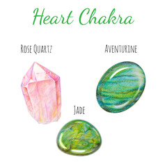 Heart chakra stones set. Close up illustration of gems drawn by hand with colored pencils.