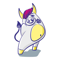 Cute cartoon bull holds a flower in his mouth on a white background. Isolated object. Vector illustration