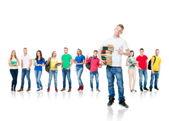 Large group of teenage students isolated on white background. Many different people standing together. School, education, college, university.