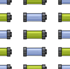 Seamless pattern with contour cartoon multi-colored batteries in a row on a white background. Charged batteries. Vector textures for wallpapers, backgrounds and your design.