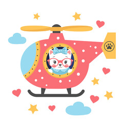 Cute little cat girl in a helicopter. Illustration for children print design, kids t-shirt, baby wear and other uses.