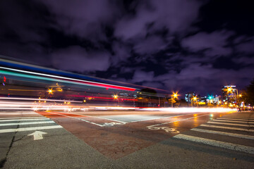 illuminated shot of intersection. Showing busy city life with cloud. South Korea.