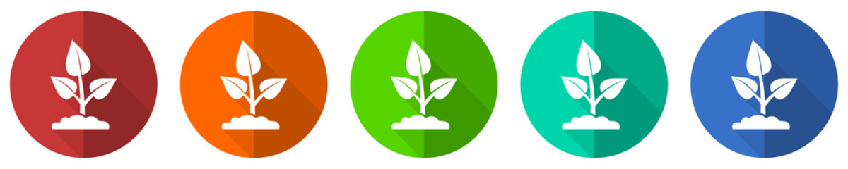 Nature plant icon set, organic, ecology, red, blue, green and orange flat design web buttons isolated on white background, vector illustration