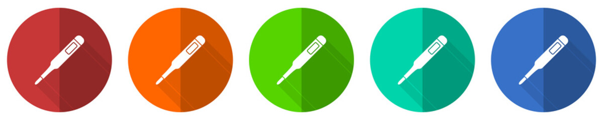 Electronic digital medical thermometer icon set, red, blue, green and orange flat design web buttons isolated on white background, vector illustration