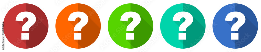 Aufkleber question mark icon set, red, blue, green and orange flat design web buttons isolated on white backgr