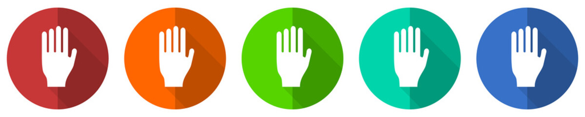 Stop icon set, red, blue, green and orange flat design web buttons isolated on white background, vector illustration