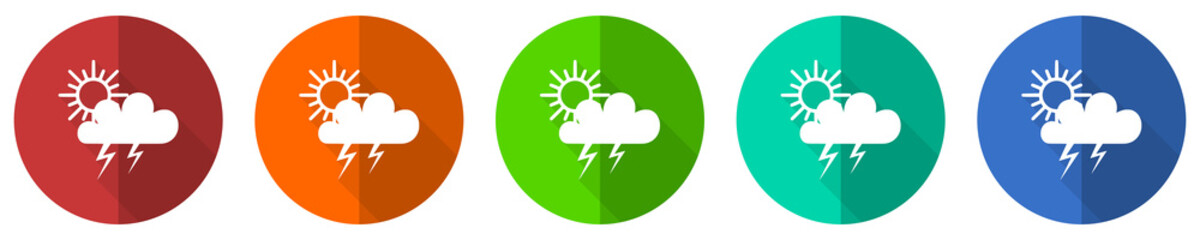 Storm icon set, red, blue, green and orange flat design web buttons isolated on white background, vector illustration