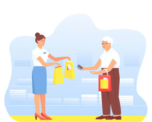 An aged man makes purchases from a seller in a store. Grandfather glasses pays with a card for the purchase. Seller hands paper bags to buyer. Vector cartoon flat illustration.
