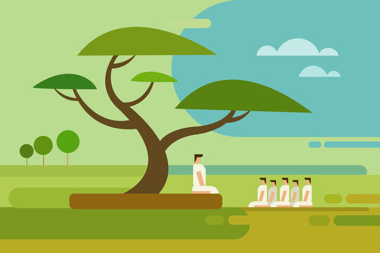 A group of people doing meditation under a big tree