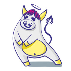 Cute cartoon bull with a nimbus over his head on a white background. Isolated object. Vector illustration