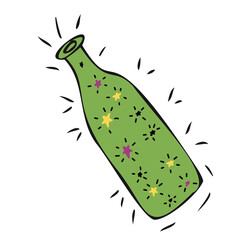 magic bottle with luminous stars inside, magic and sorcery, vector decorative element for halloween celebration in doodle style, color illustration
