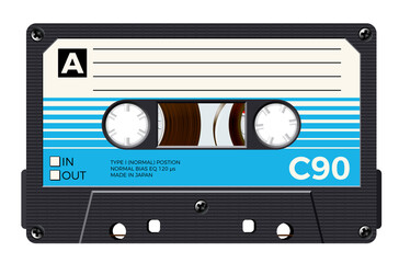 Cassette with retro label as vintage object for 80s revival mix tape design