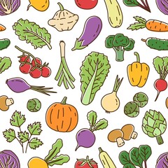 Colorful fresh organic vegetables in line art style seamless pattern. Bright natural ripe root crops, salads and herbs with design elements vector illustration. Seasonal vegetarian food ingredients