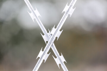 Restricted Area Barbed Fence, security concept, Anti-migrant razor wire on the border.South Africa...