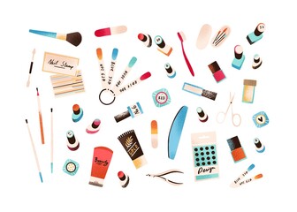 Set of colorful manicure and pedicure equipment vector flat illustration. Collection of different tools for nails care - nailfile, clippers, scissors. Cosmetics and accessories instrument isolated