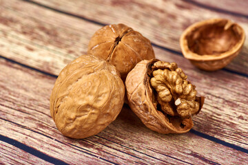 Walnuts on a wooden table