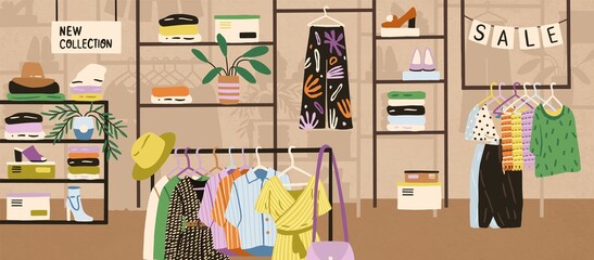 Interior of modern fashionable boutique vector flat illustration. Colorful clothes, shoes and accessories assortment on shelves and hangers. Shopping mall or store area with different goods