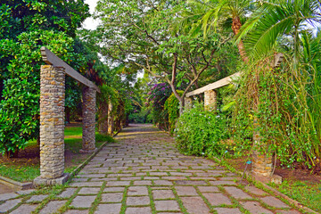 Jardines en el parque público de Montjuic, Barcelona España
