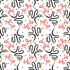 Snakes exotic pattern seamless with red and black reptiles on white background. Hand drawn illustration minimalistic style