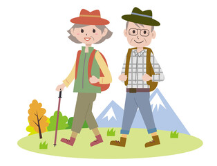 ハイキングをする老夫婦