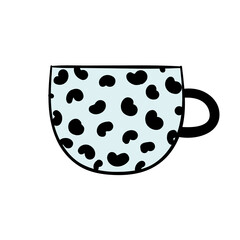 Cute blue coffee mug with black spots. Vector hand doodle illustration for restaurant or coffee shop. Good morning, breakfast, drink, coffee, tea.