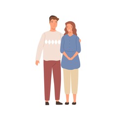 Smiling jewish couple standing together vector flat illustration. Happy family hugging having positive emotion isolated on white background. Joyful modern jew husband and wife