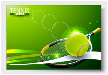 3 d Tennis Racquet. Vector Tennis Ball. A realistic object and sports background for posters, leaflets for world tennis competitions.Vector illustration.Sport equipment element.